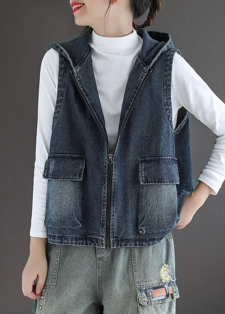 Casual Blue Denim Zippered Pockets Fall Sleeveless Waistcoat