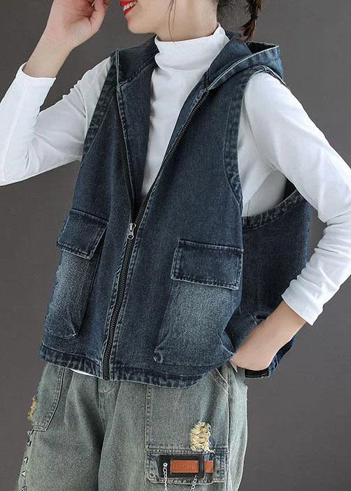 Casual Blue Denim Zippered Pockets Fall Sleeveless Waistcoat