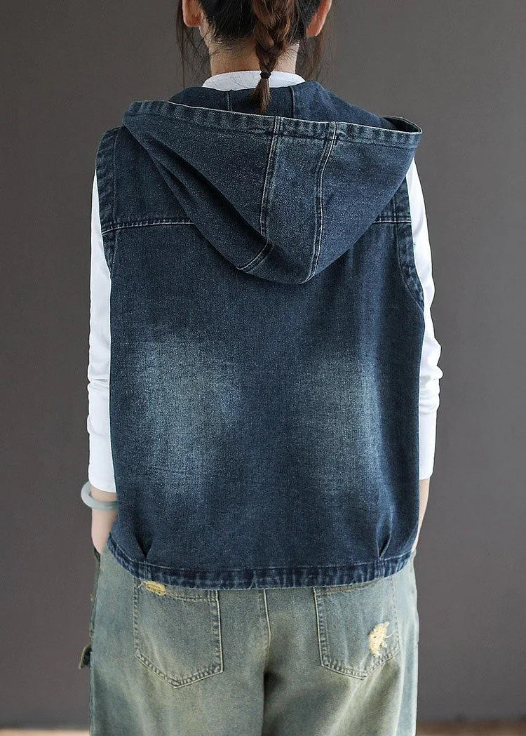 Casual Blue Denim Zippered Pockets Fall Sleeveless Waistcoat