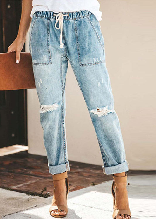 Summer casual blue elastic waist ripped denim harem pants