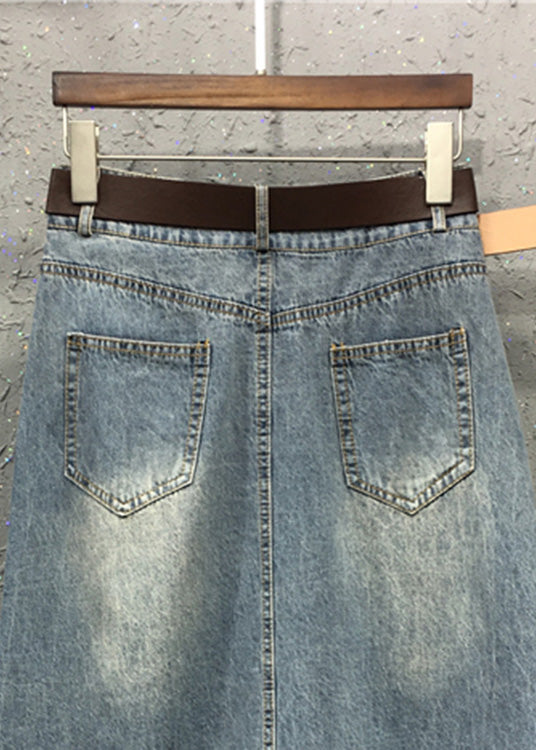 Casual Blue Elastic Waist Sashes Patchwork Denim A-Line Skirt