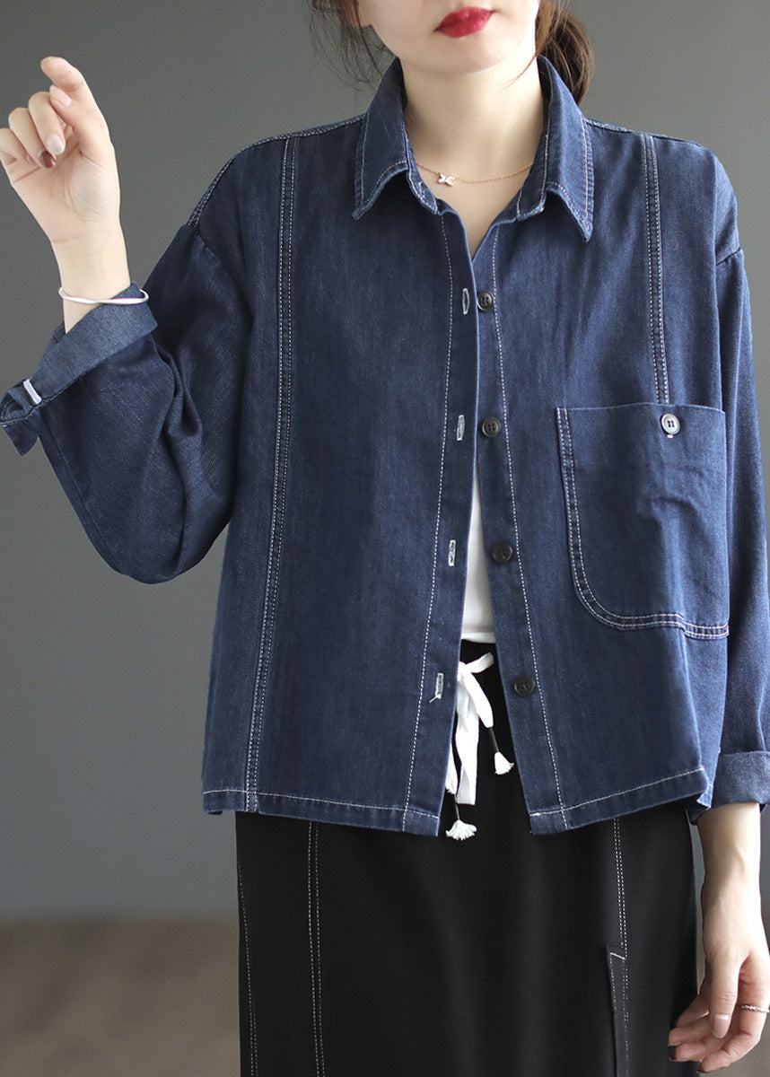 Casual Blue Patchwork Peter Pan Collar Button Denim Coats Spring