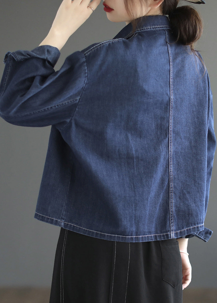 Casual Blue Patchwork Peter Pan Collar Button Denim Coats Spring