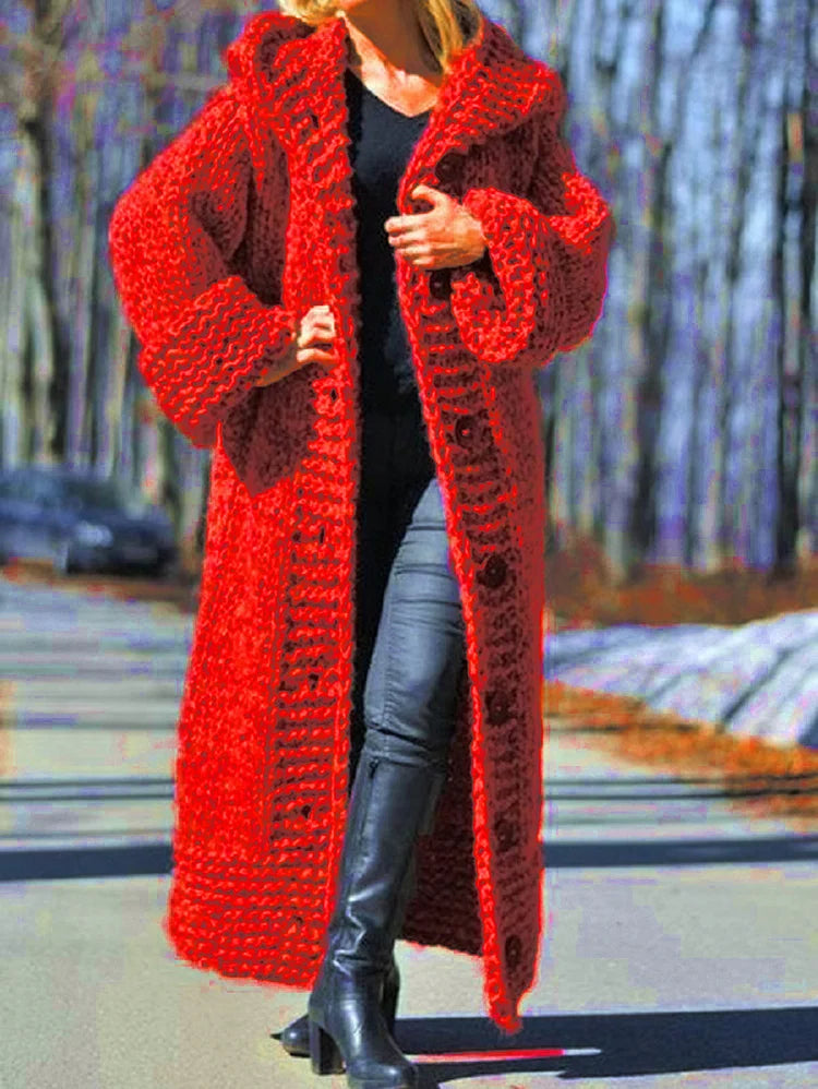 Casual Crochet Single Breasted Ankle Length Hooded Knitted Coat