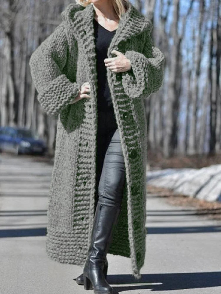 Casual Crochet Single Breasted Ankle Length Hooded Knitted Coat