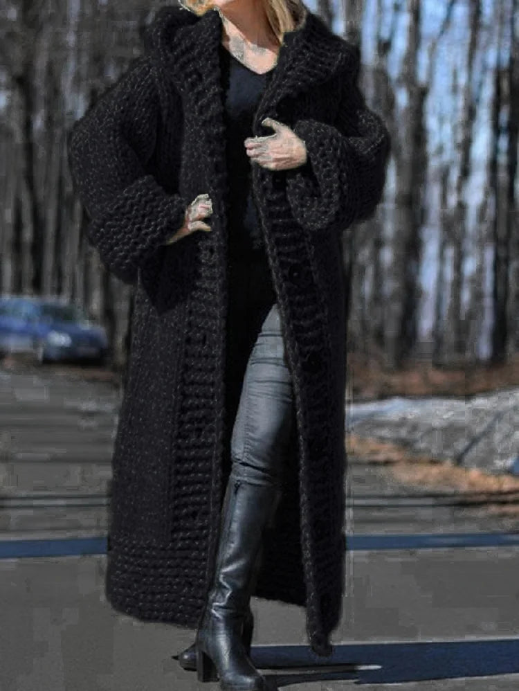 Casual Crochet Single Breasted Ankle Length Hooded Knitted Coat