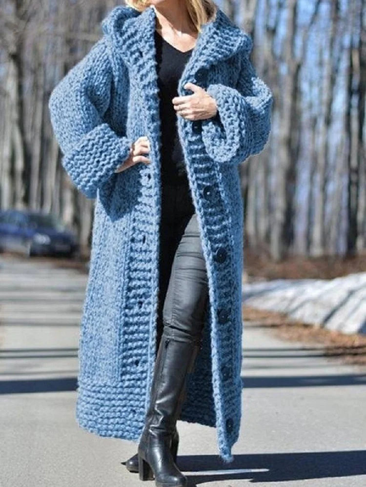 Casual Crochet Single Breasted Ankle Length Hooded Knitted Coat