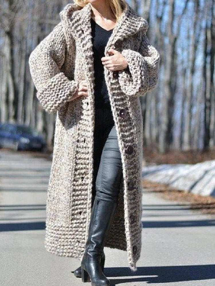 Casual Crochet Single Breasted Ankle Length Hooded Knitted Coat