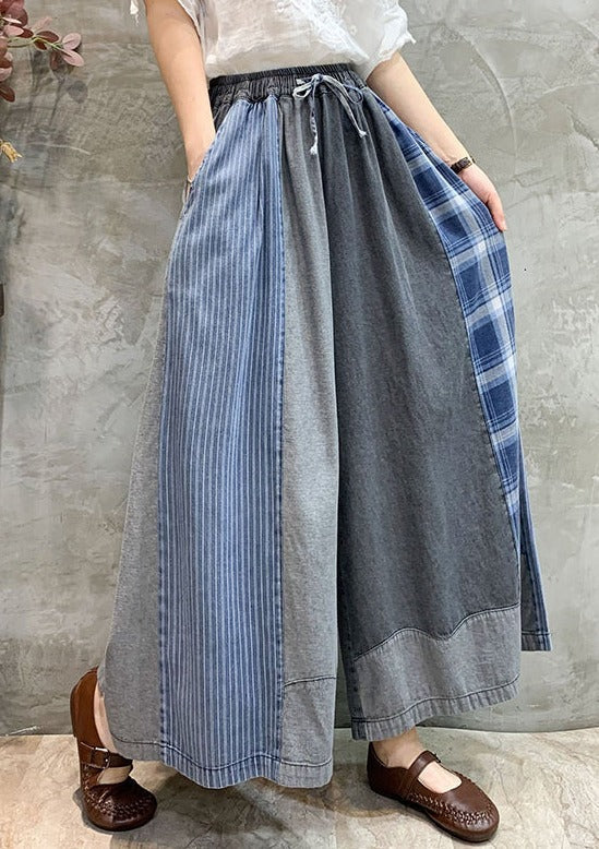 Casual Plaid Split-Joint Drawstring Elasticity Ninth Denim Pants