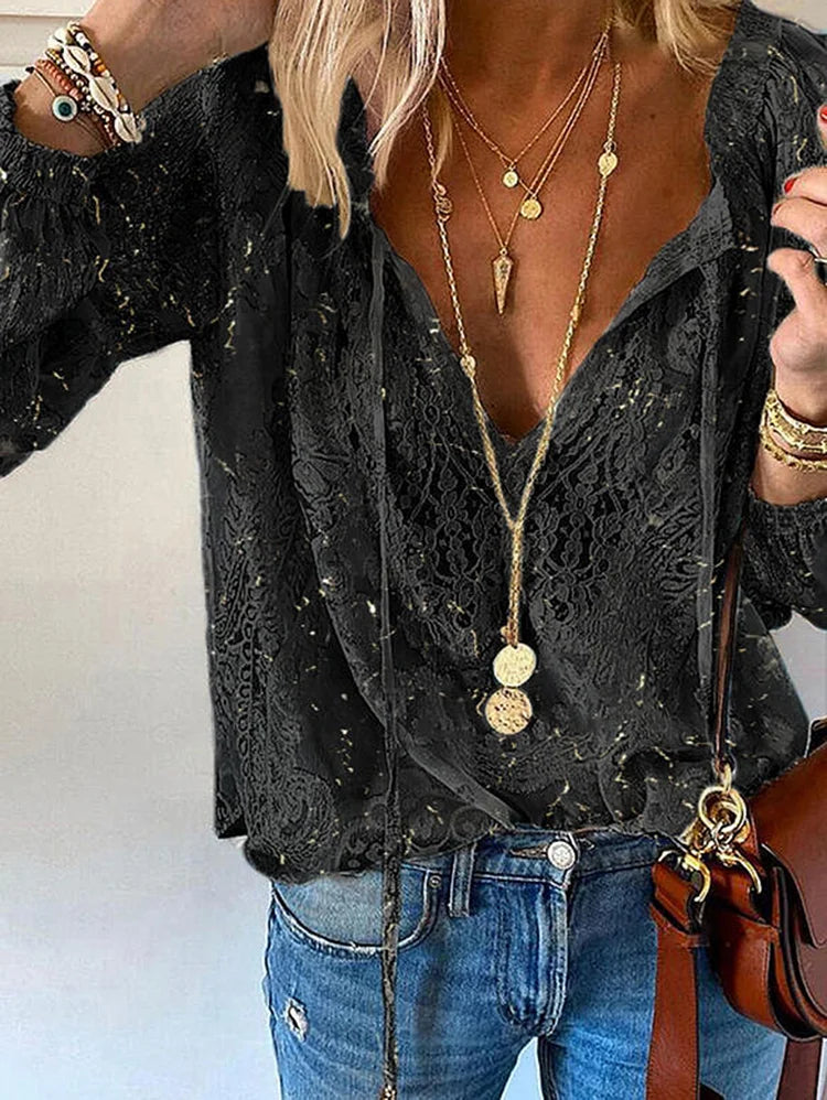 Casual Floral Lace V Neck Drawstring Long Sleeve Blouse