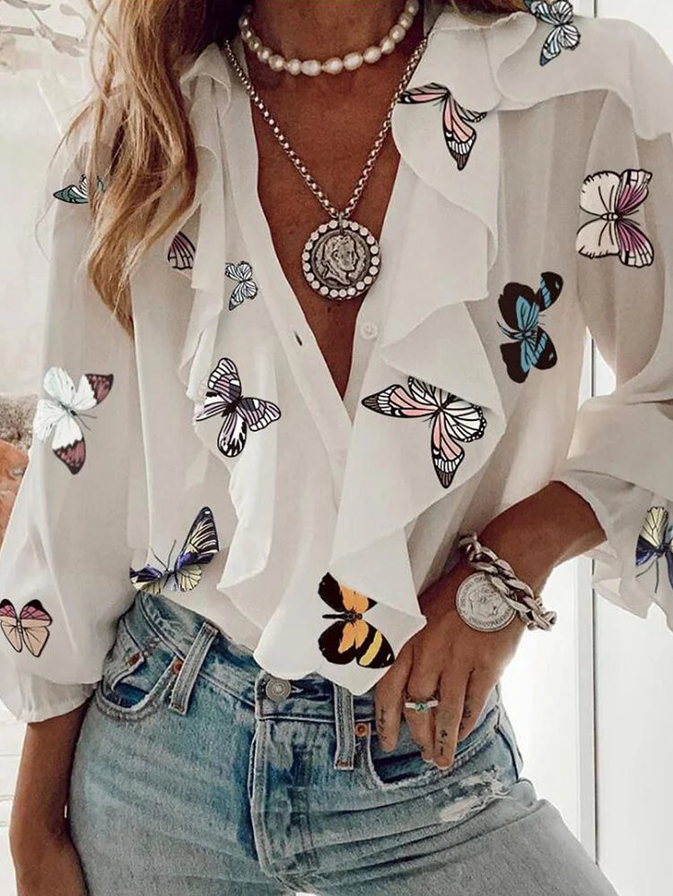 Casual Floral Ruffle Trim V Neck Long Sleeve Blouse