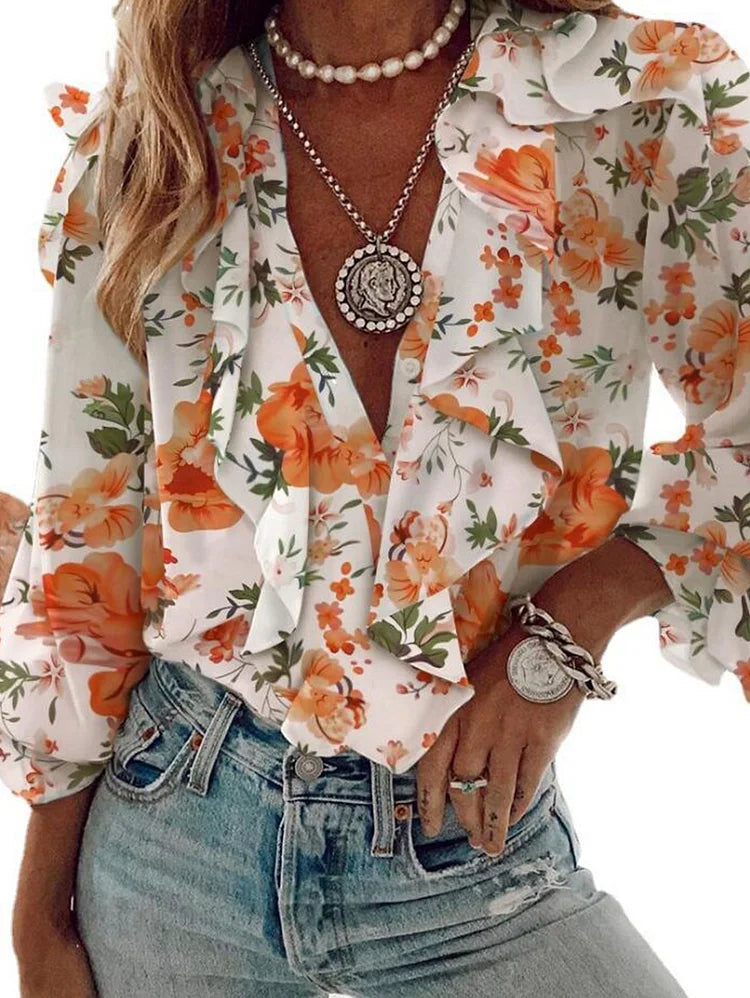 Casual Floral Ruffle Trim V Neck Long Sleeve Blouse