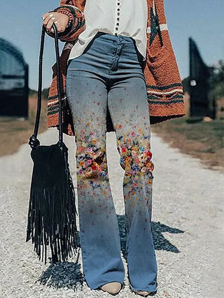 Casual Floral Wide Leg Jeans