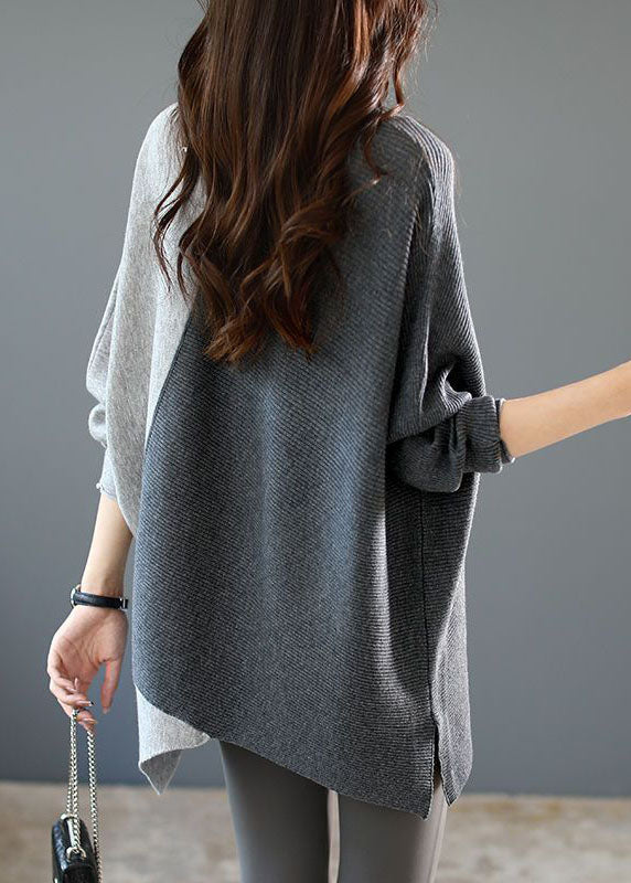 Casual Grey Asymmetrical Patchwork Knit Shirt Winter