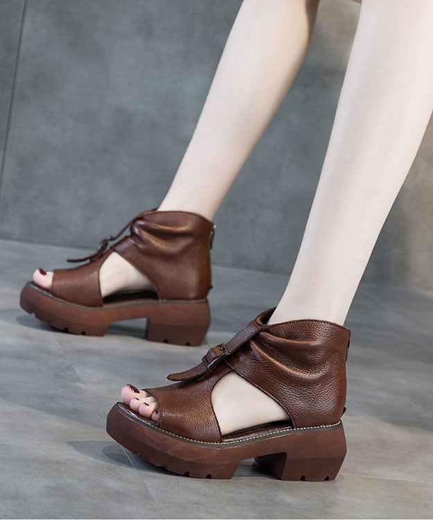 Casual Brown Hollow Out Cowhide Leather Platform Chunky Sandals