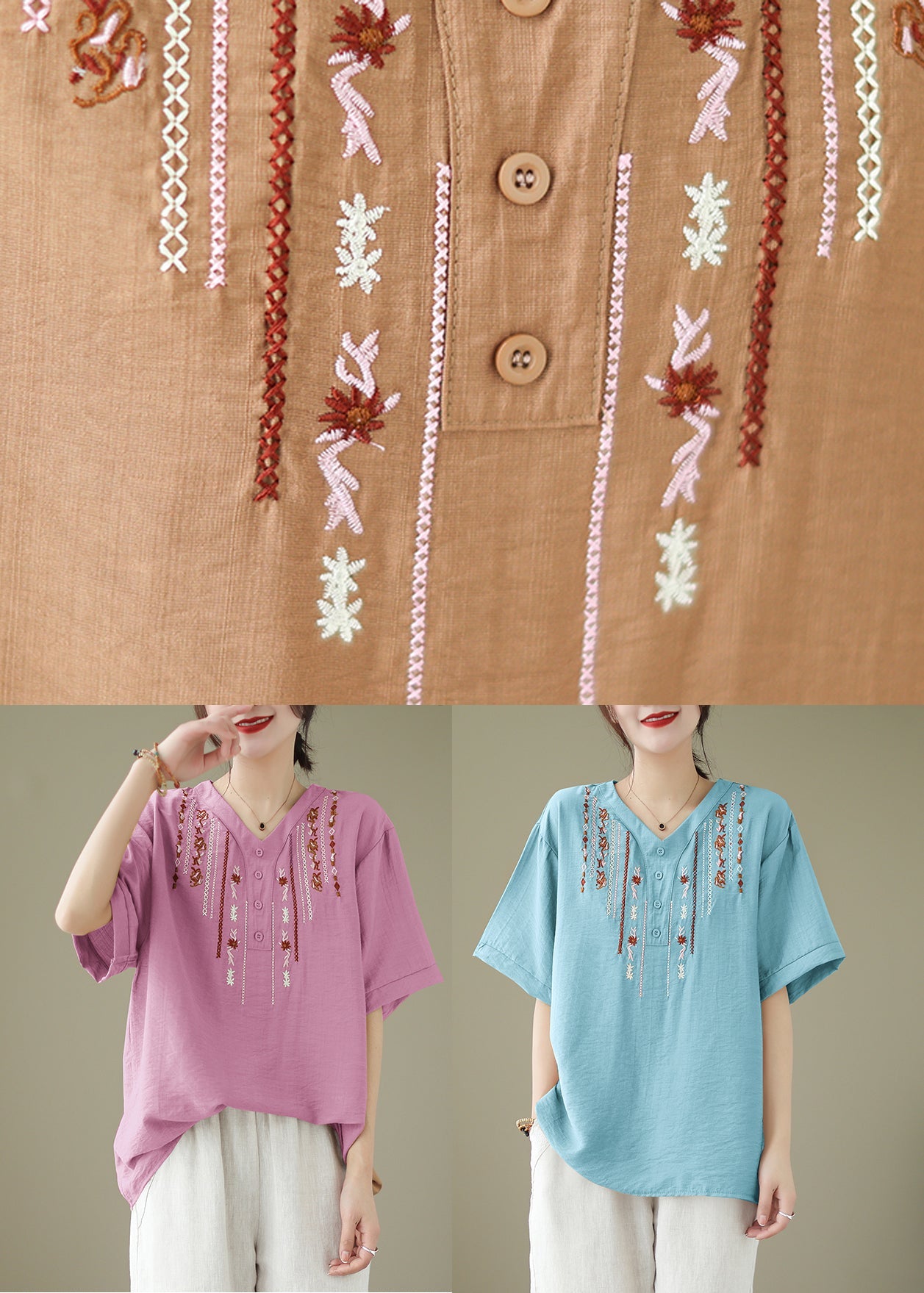 V Neck Khaki Embroideried Cotton Blouse Tops Summer