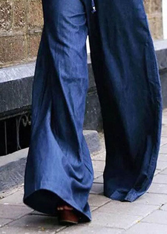 Light blue casual pocket tie patchwork denim wide leg pants summer