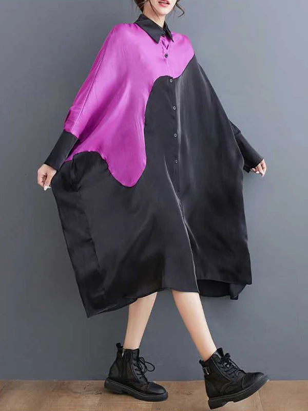 Casual Loose Black Lapel Asymmetric Patchwok Purple Batwing Sleeves Midi Dress