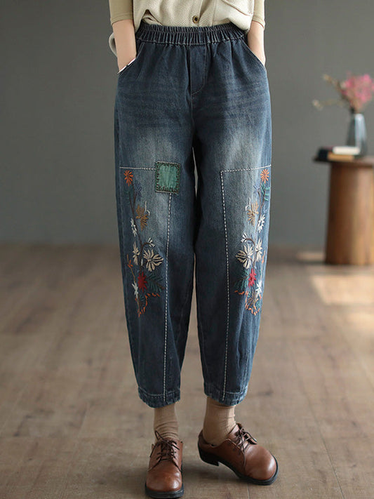 Casual Embroidered Loose Elasticity Harem Denim Pants