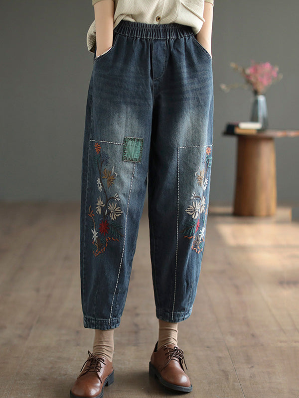 Casual Embroidered Loose Elasticity Harem Denim Pants