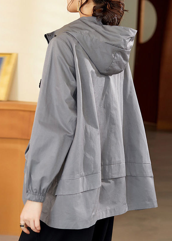 Casual Loose Grey Pockets Patchwork Cotton Hooded Coat Fall