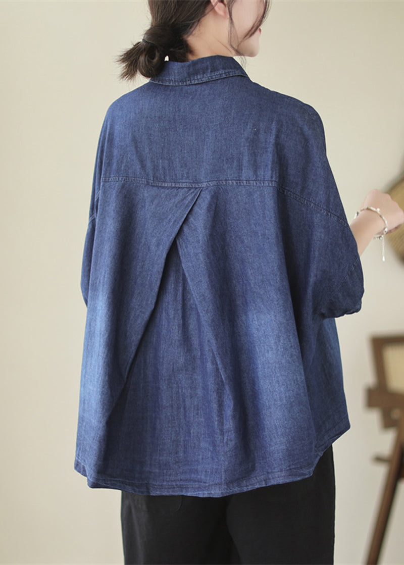 Casual Navy Wash Oversized Denim Shirt With Dolman Sleeves