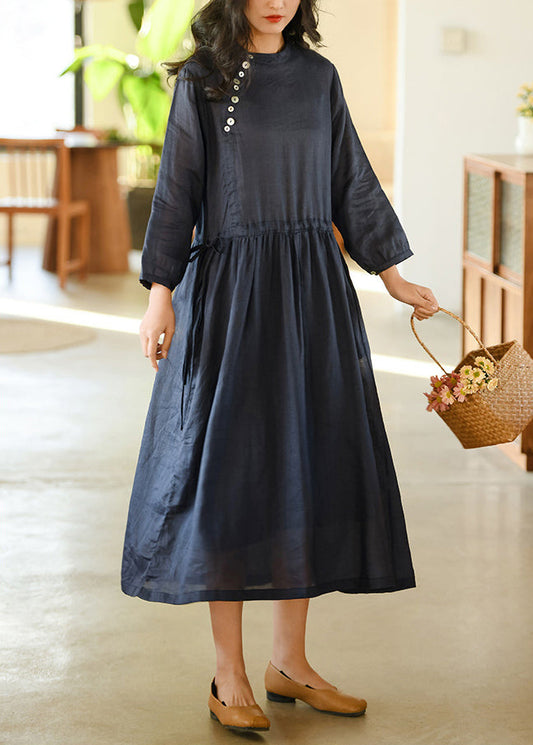 Casual Navy Wrinkled Pockets Patchwork Linen Dresses Fall