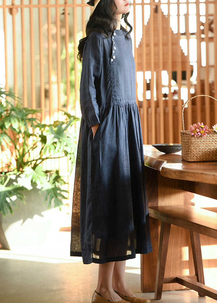 Casual Navy Wrinkled Pockets Patchwork Linen Dresses Fall