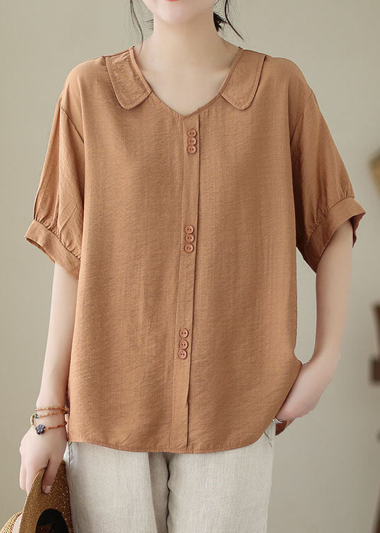 Casual Orange Patchwork Peter Pan Collar Cotton Shirt Top Summer