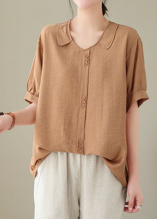 Casual Orange Patchwork Peter Pan Collar Cotton Shirt Top Summer