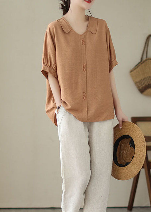 Casual Orange Patchwork Peter Pan Collar Cotton Shirt Top Summer