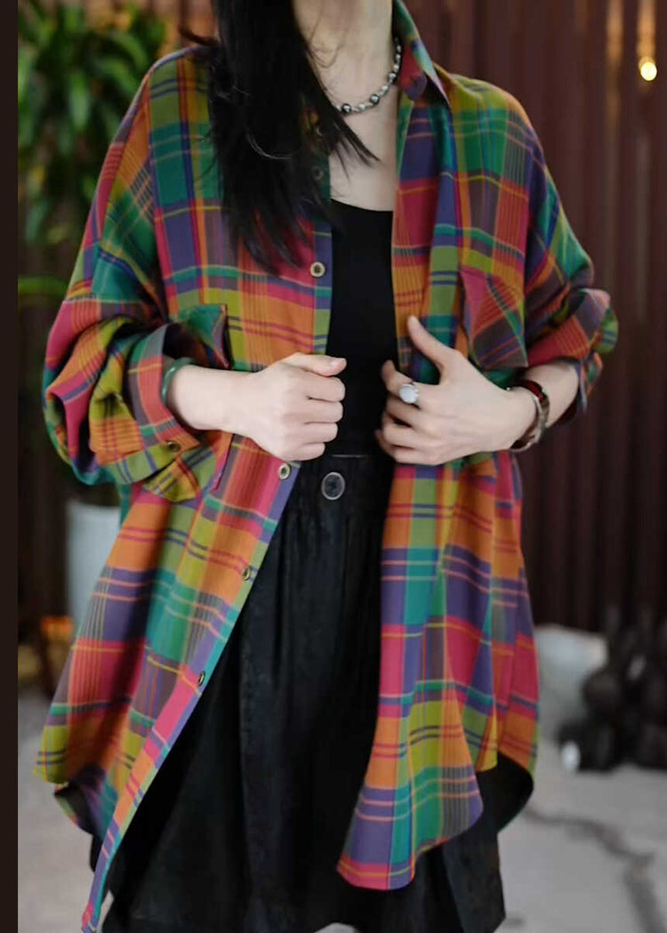 Casual Peter Pan Collar Pockets Plaid Cotton Shirts Coats Fall