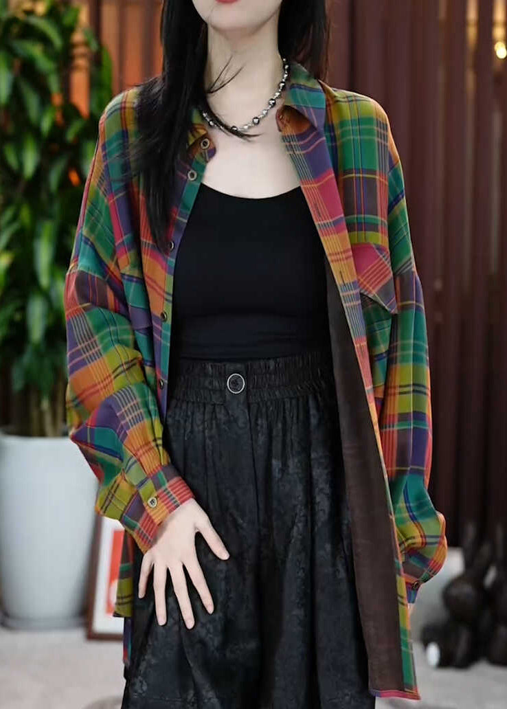 Casual Peter Pan Collar Pockets Plaid Cotton Shirts Coats Fall