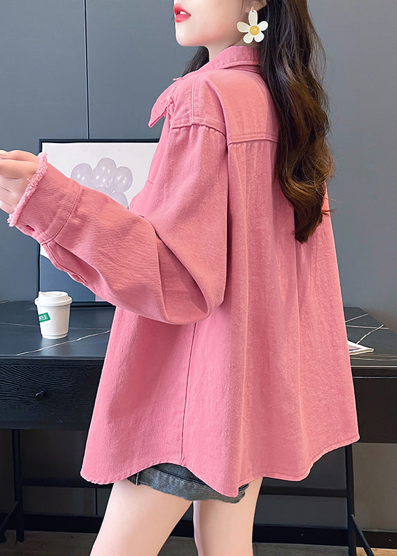 Casual Pink Peter Pan Collar Pockets Denim Shirts Coat Fall