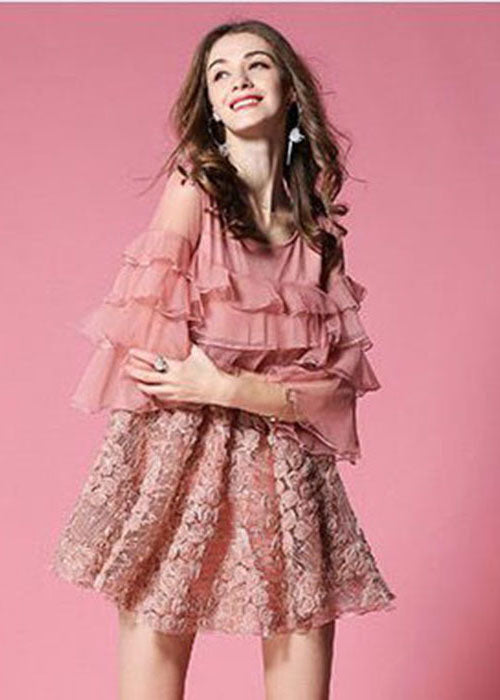 Casual Pink Ruffles Patchwork Applique Tulle Dress Half Sleeve