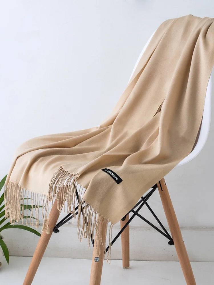 Casual Plain Cashmere-Like Fringed Shawl Scarf