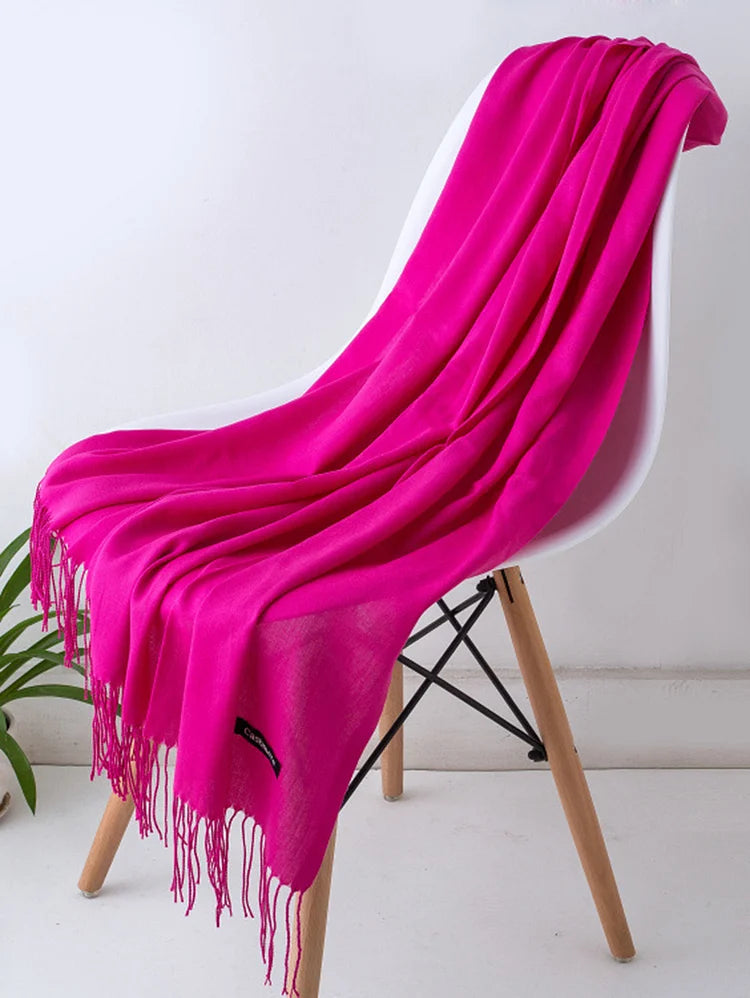 Casual Plain Cashmere-Like Fringed Shawl Scarf