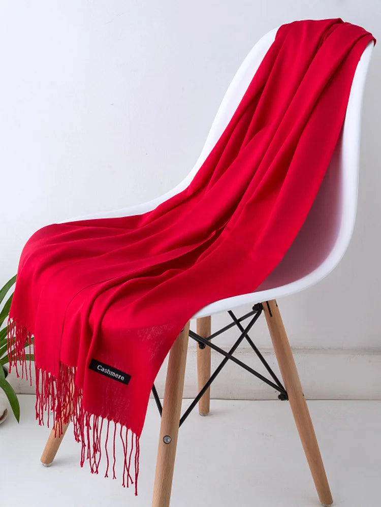 Casual Plain Cashmere-Like Fringed Shawl Scarf