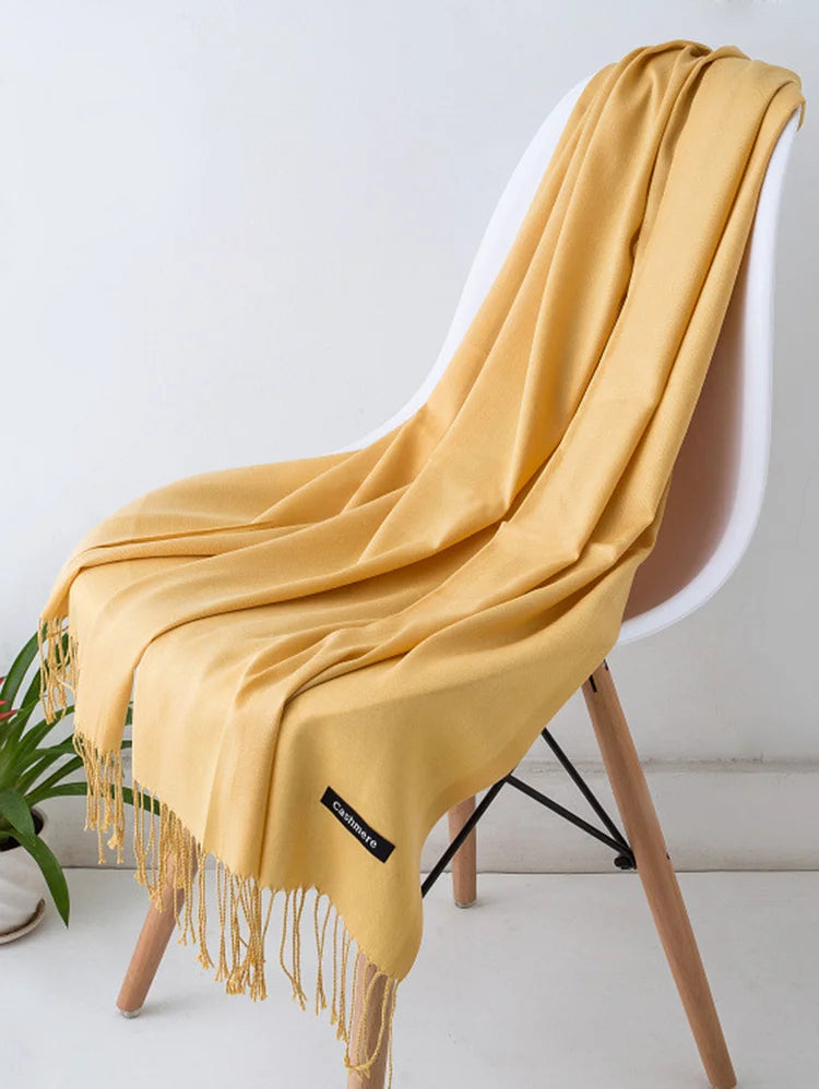 Casual Plain Cashmere-Like Fringed Shawl Scarf