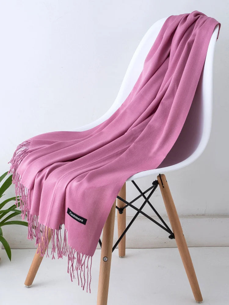 Casual Plain Cashmere-Like Fringed Shawl Scarf