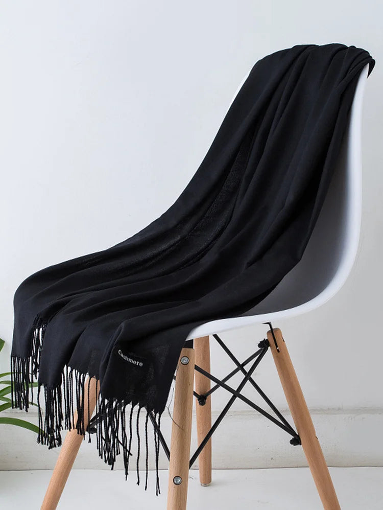 Casual Plain Cashmere-Like Fringed Shawl Scarf