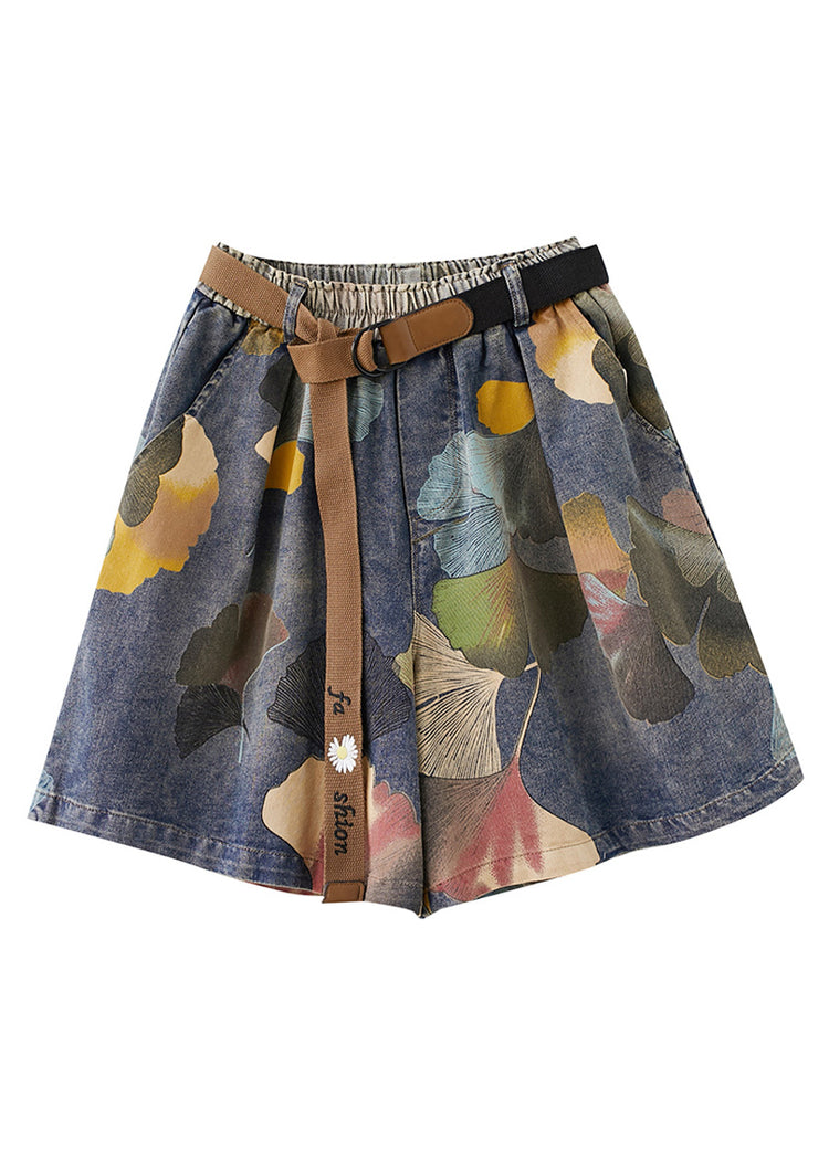 Casual Denim Print Elastic Belt Shorts Summer