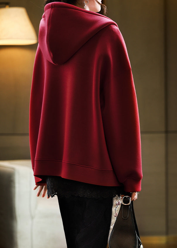 Casual Red Hooded Pockets Zippered Cotton Coats Fall