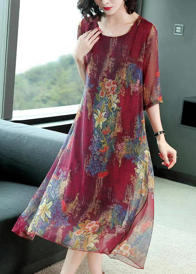 Casual Red O-Neck Print Silk Maxi Dresses Half Sleeve