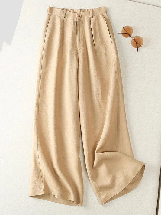 Casual Solid Color High Waist Linen Wide Leg Pants