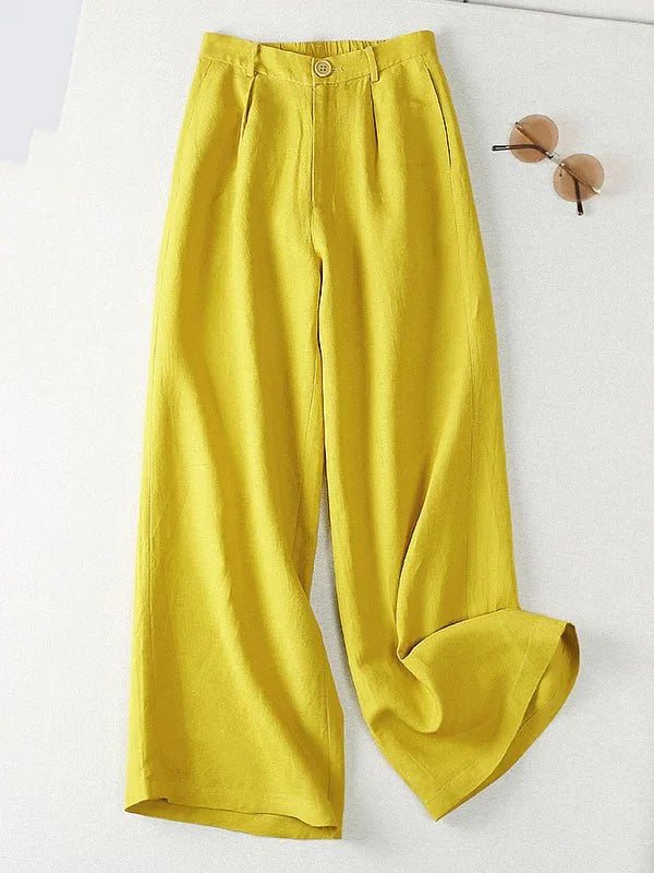 Casual Solid Color High Waist Linen Wide Leg Pants