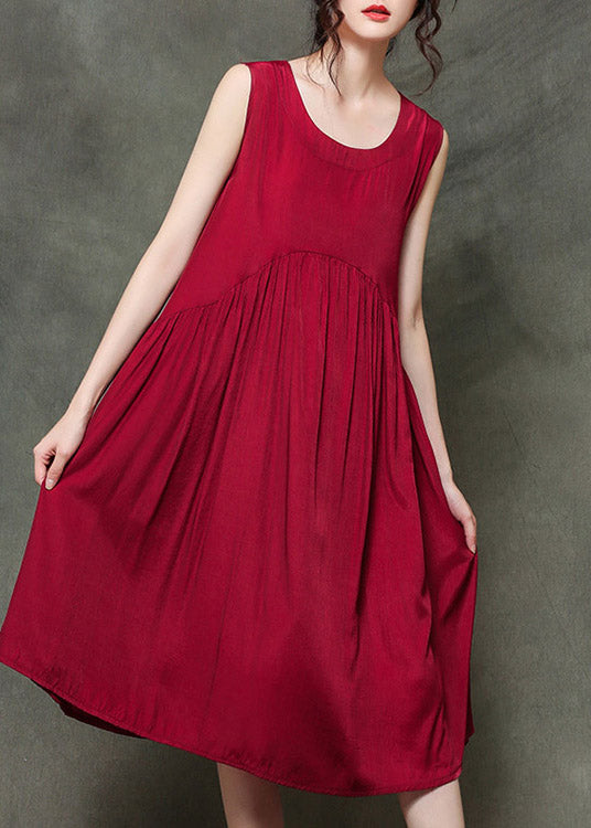 Casual Wine Red O-Neck Wrinkled Long Dresses Sleeveless