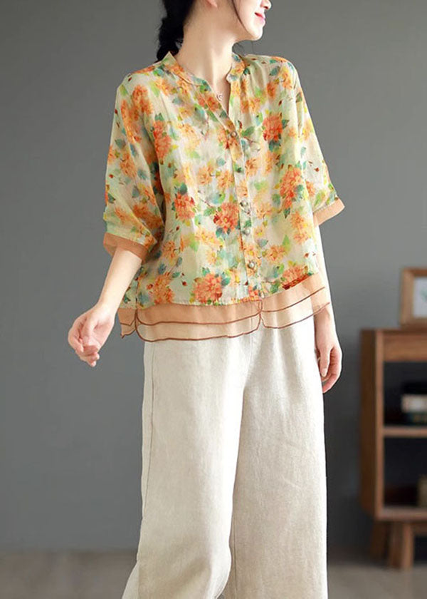 Casual Yellow V Neck Print Button Patchwork Linen Shirts Half Sleeve