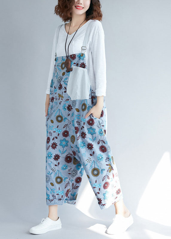 light Grey pockets Patchwork Casual Floral denim Jumpsuits