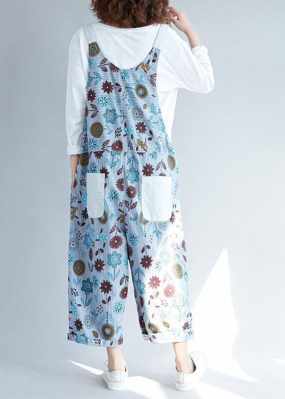 light Grey pockets Patchwork Casual Floral denim Jumpsuits